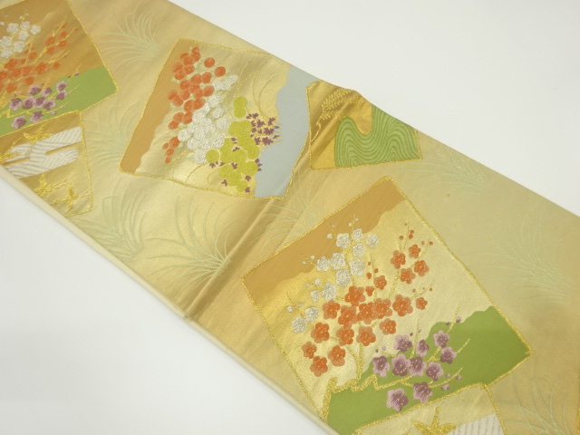 アンティーク　色紙に万寿菊・枝梅模様織り出し袋帯（材料）